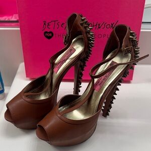 Betsey Johnson Brown Spiked Peep-Toe Platform Heels with Ankle Strap